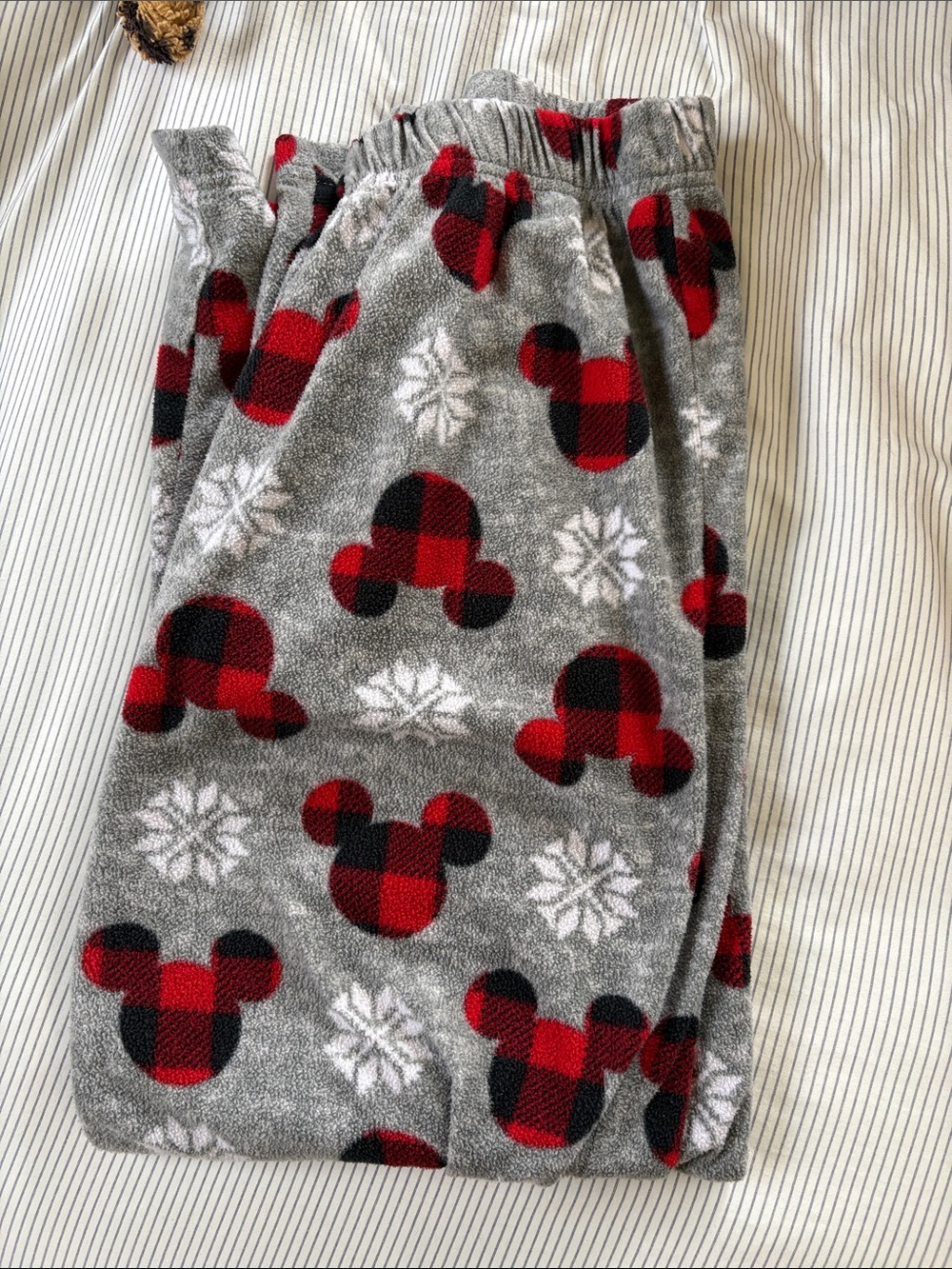 Cozy Grey Fleece Lounge Pants with Red Plaid Mickey Heads